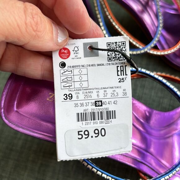 Zara Multicolor metallic purple Strappy women’s colorful Heels size us 8 NWT fun - Picture 10 of 16